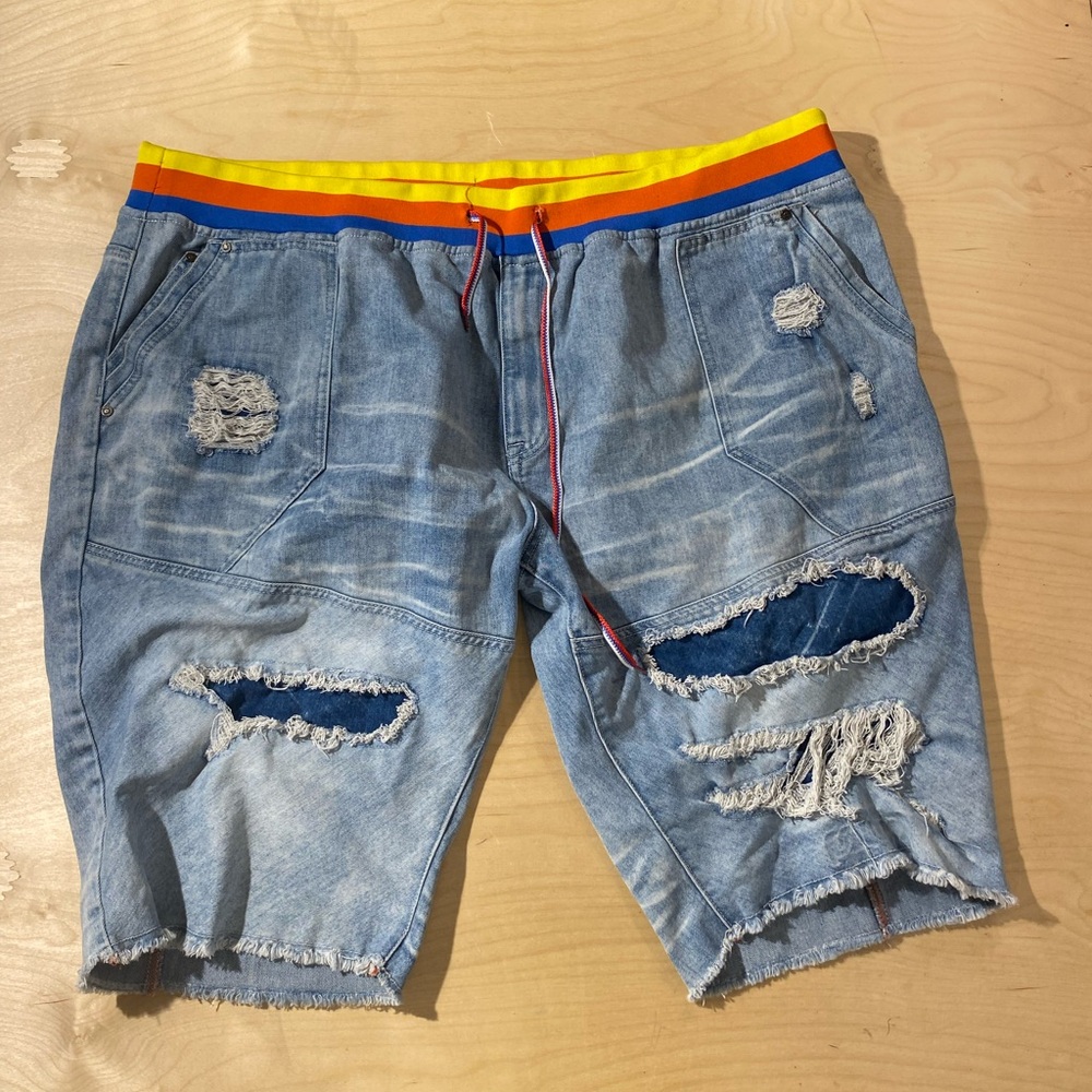 Born Fly Stylish Distressed Denim Shorts with Colorful Waistband 46 (OV) - Picture 2 of 10